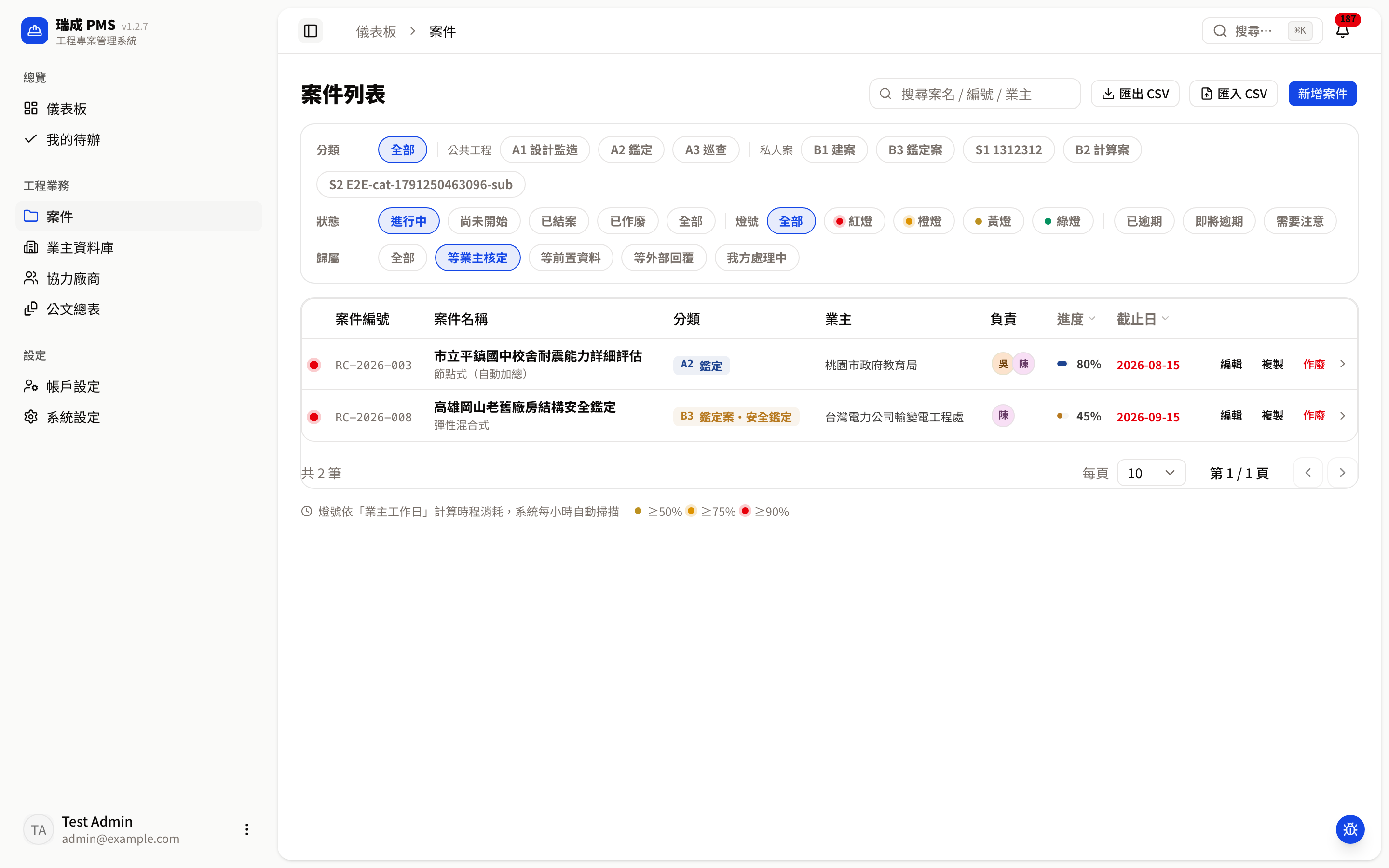 案件列表:歸屬篩選「等業主核定」