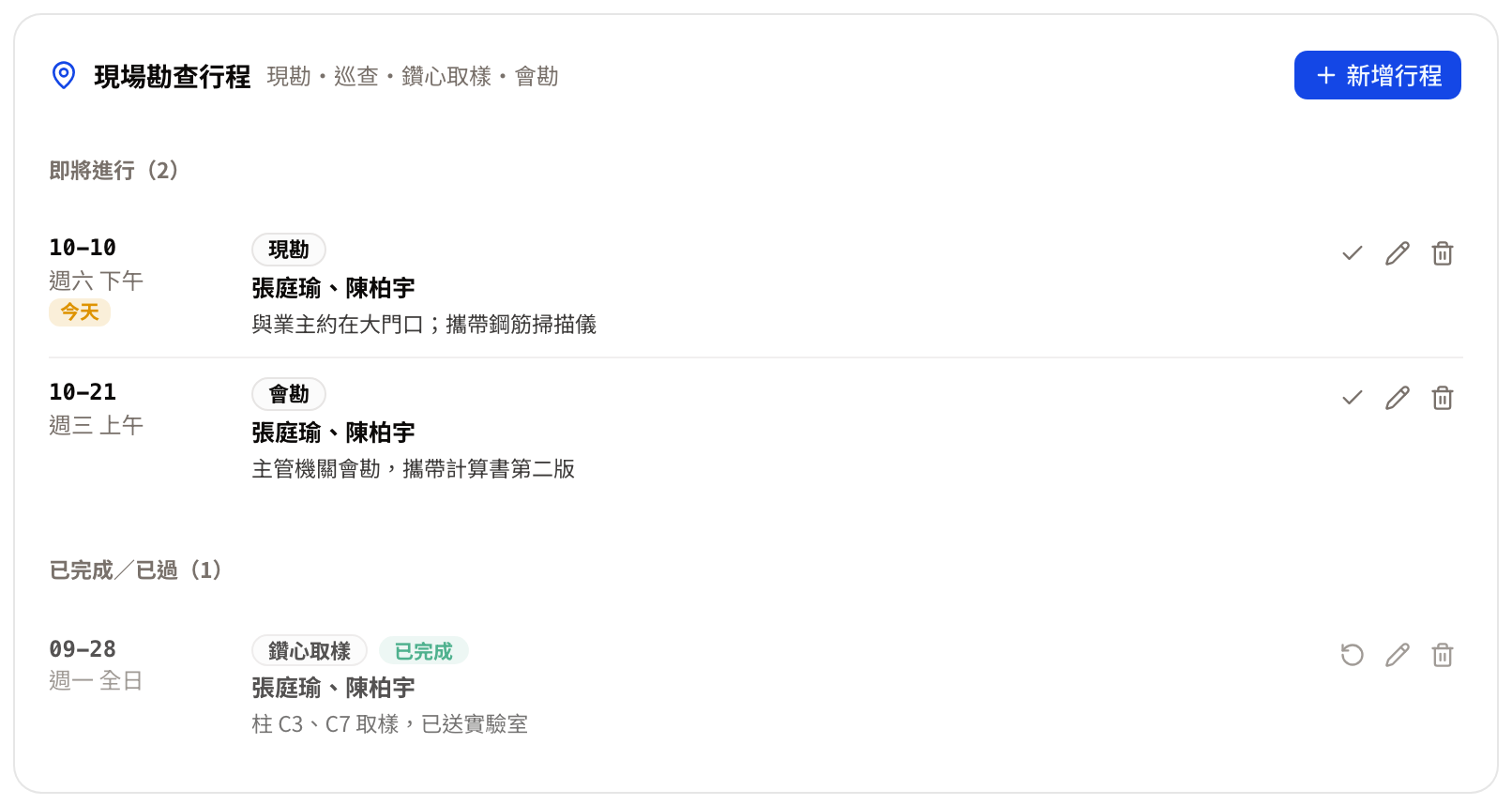 案件詳情的現場勘查行程卡